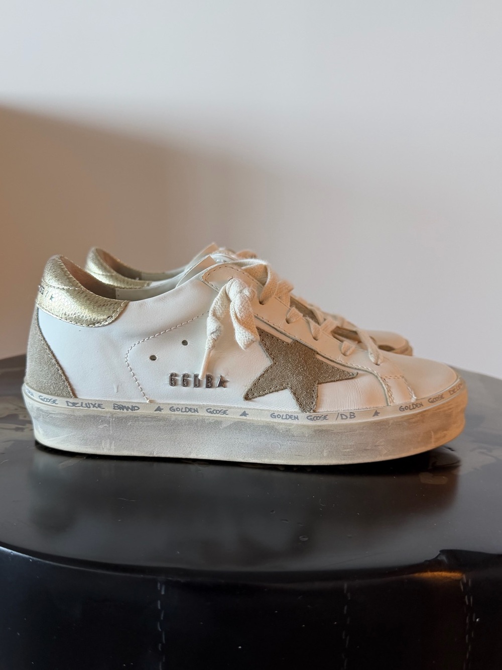 Golden Goose Hi Star Women’s White Leather Sneakers with Gold Star Accent